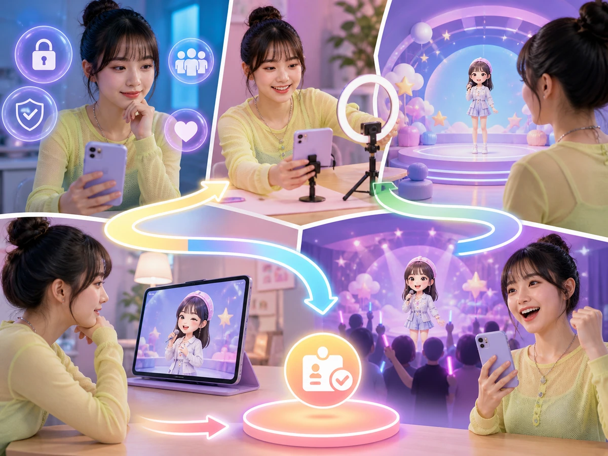 ZEPETO Liveで端末、アバター、背景、ジェスチャーを準備する流れを、配信者や視聴者がいる利用場面で示した画像