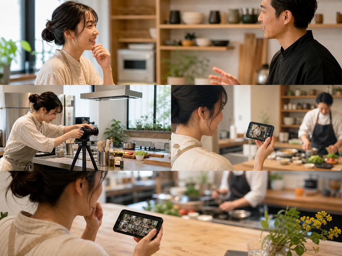 NATSLIVEの料理番組を複数のカメラから選んで見る女性