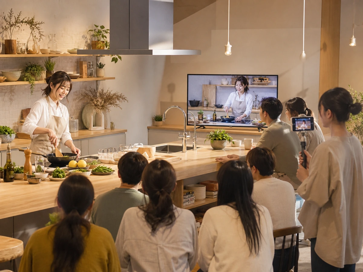 NATSLIVEの料理ライブをスタジオとスマートフォンから見る人たち