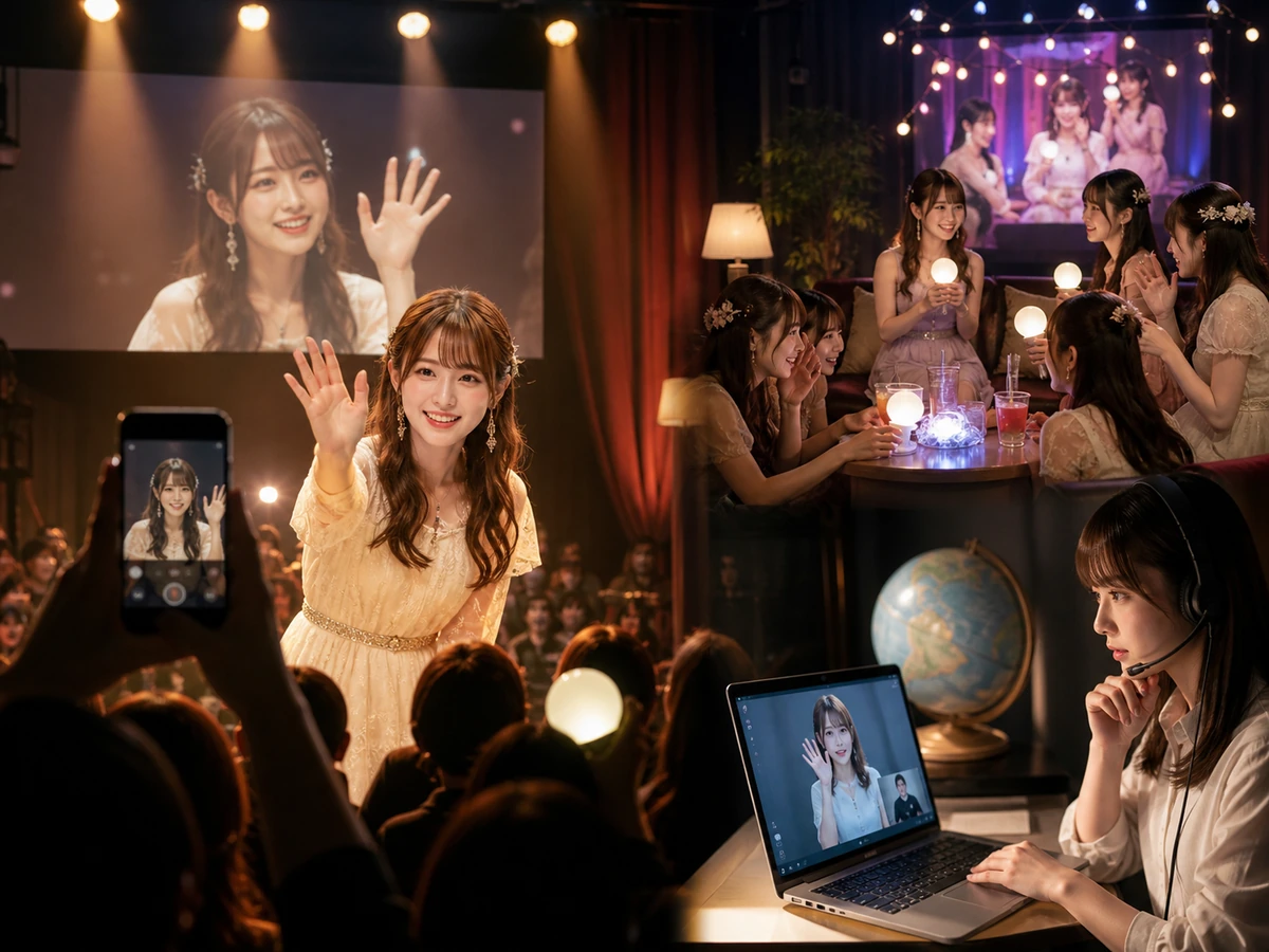 FusiYaのライブ視聴、グループ交流、1対1ビデオ通話という三つの参加方法を、配信者や視聴者がいる利用場面で示した画像