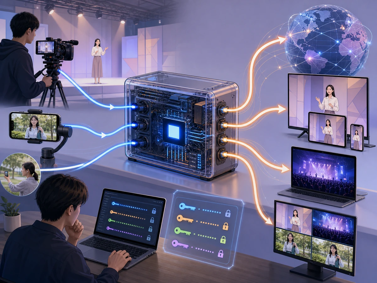 Larix Broadcasterで現場の成人撮影者から配信サーバーと複数視聴先へ映像を送る構成
