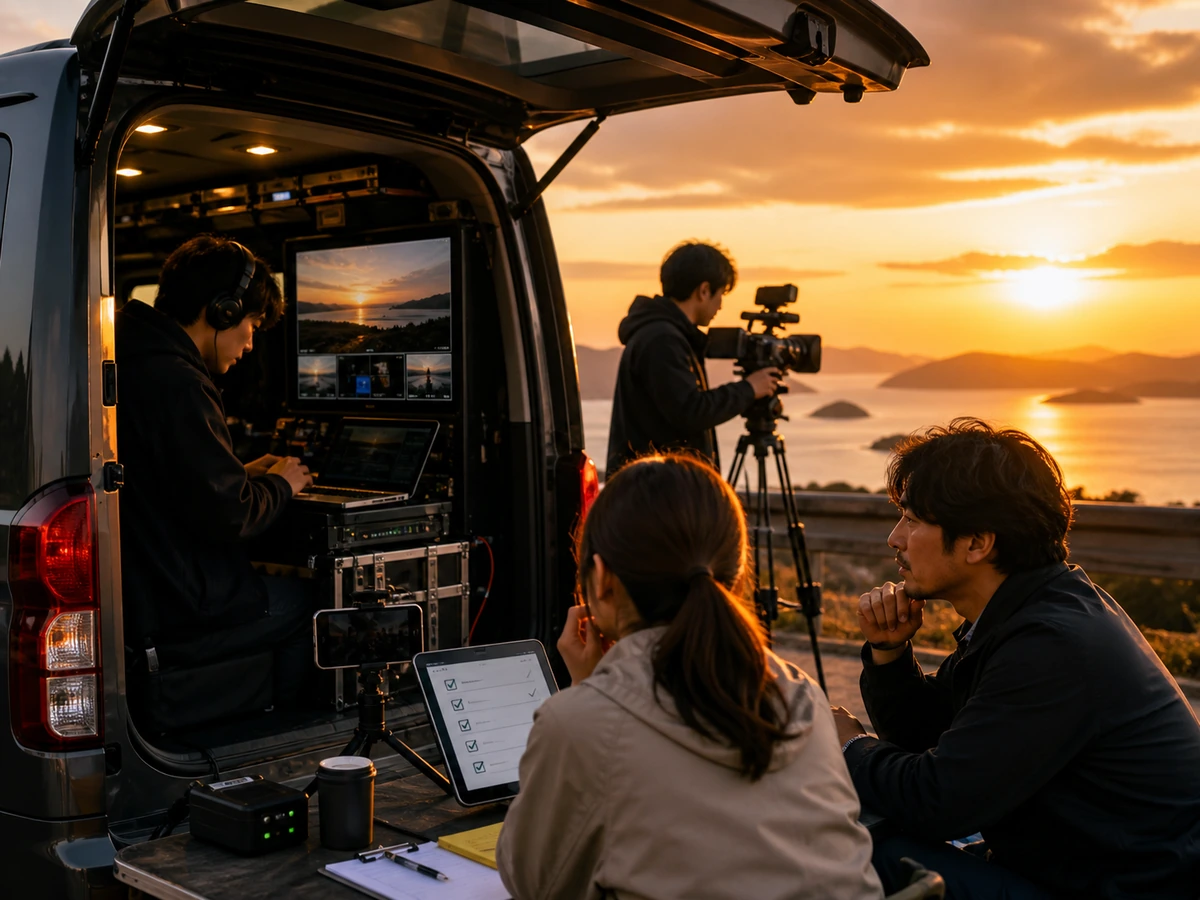 CameraFi Liveの本番前に成人の制作チームが撮影機器、音声、受信映像を確認する様子