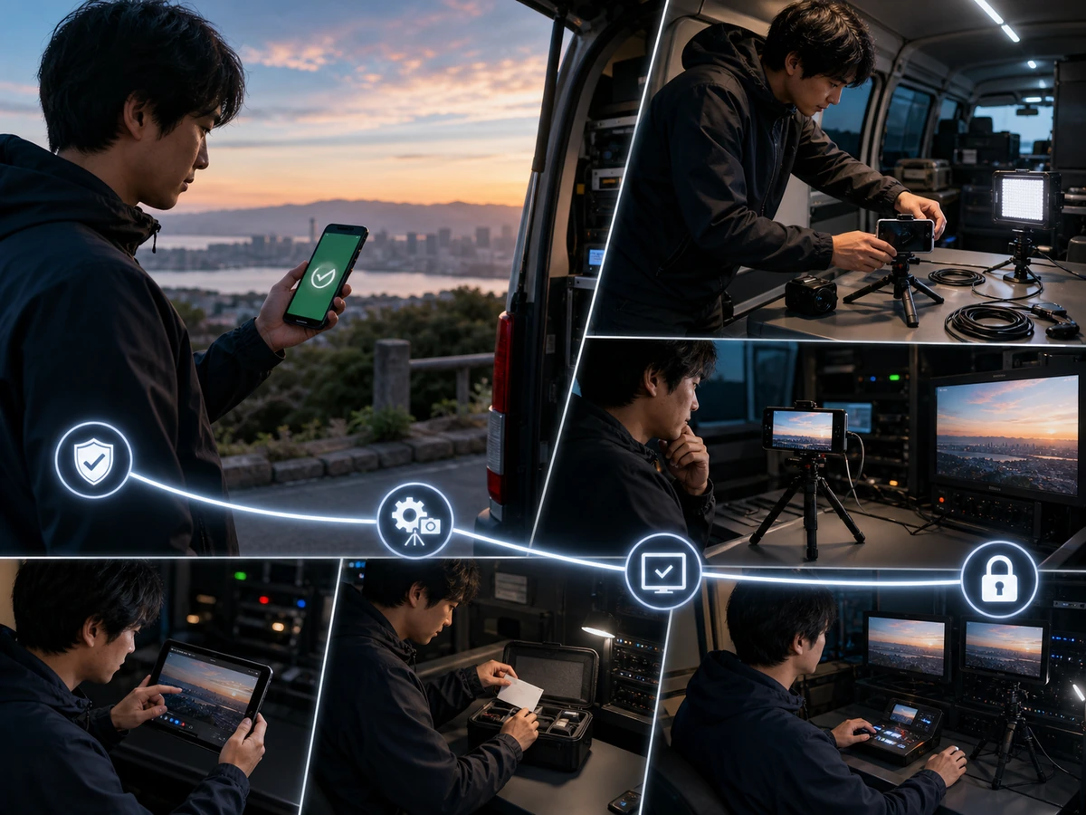 CameraFi Liveで成人の撮影担当者が接続、映像、音声、試験送信、公開前確認を順番に進める様子