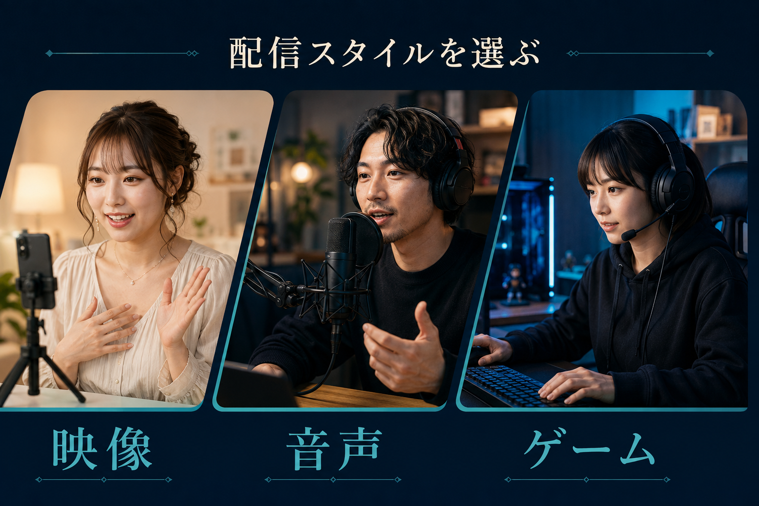 映像で話す女性、音声で話す男性、ゲームを配信する女性の3つの配信スタイル