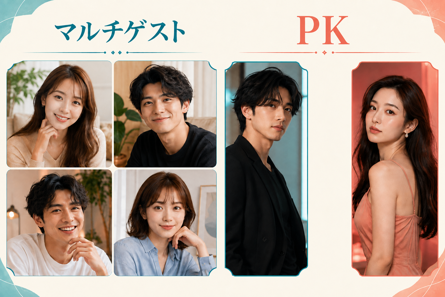複数人で会話するマルチゲストと、配信者同士で対戦するPKの違いを表した写真デザイン
