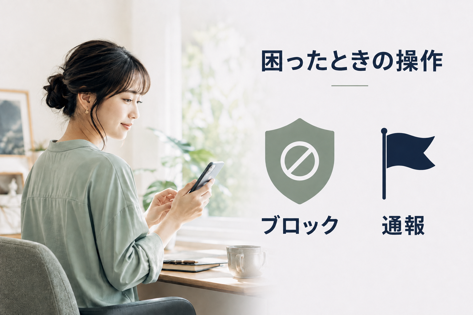 スマートフォンを持つ女性と、ブロックを示す盾・通報を示す旗のデザイン