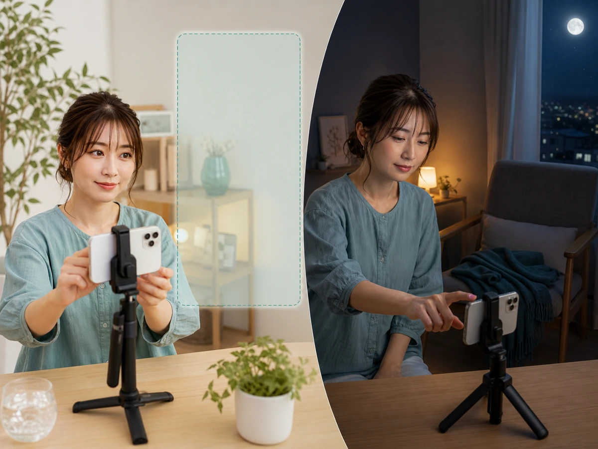配信前に顔とコメント表示域の重なりを確かめ、夜は終了操作をする成人女性