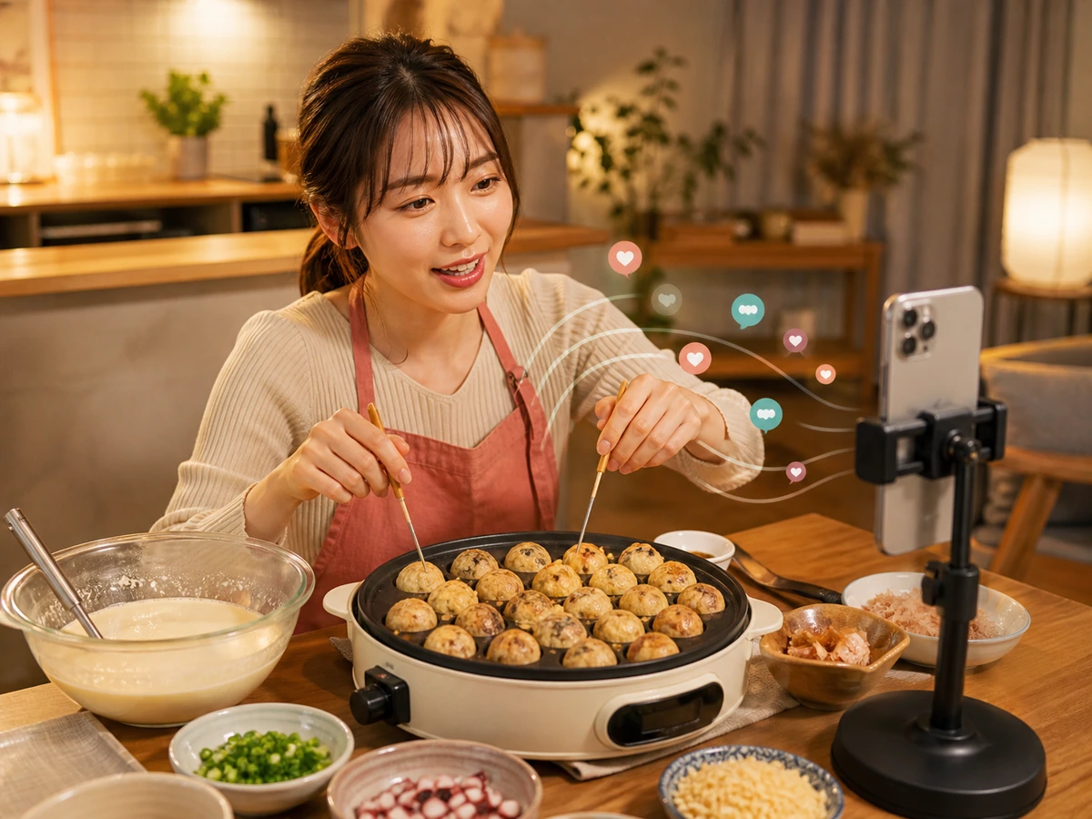 固定したスマートフォンへ話しながら、たこ焼きを作る成人女性
