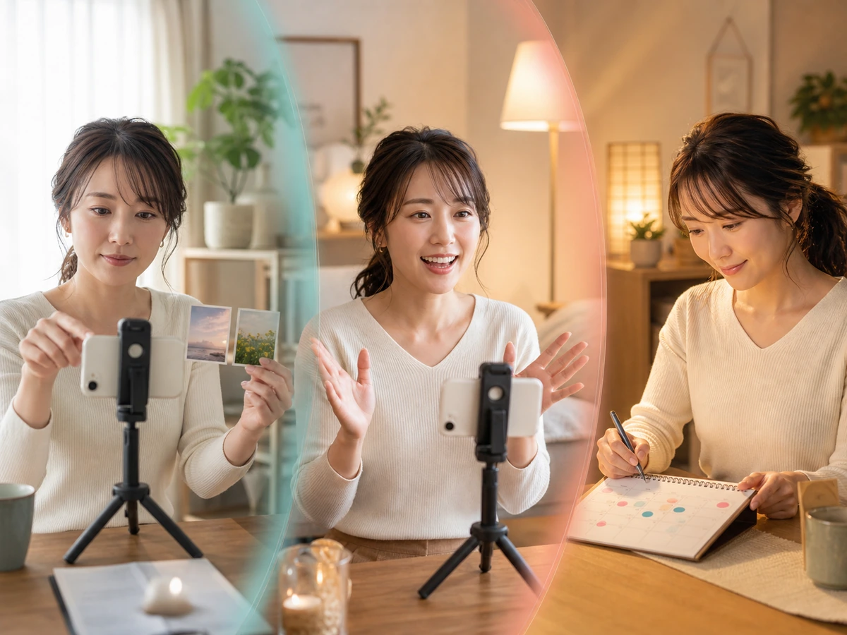 候補写真とカメラを整え、配信で挨拶し、次回予定をカレンダーへ付ける成人女性