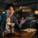 コーヒーを淹れながら固定したスマートフォンへ話す成人ライバー