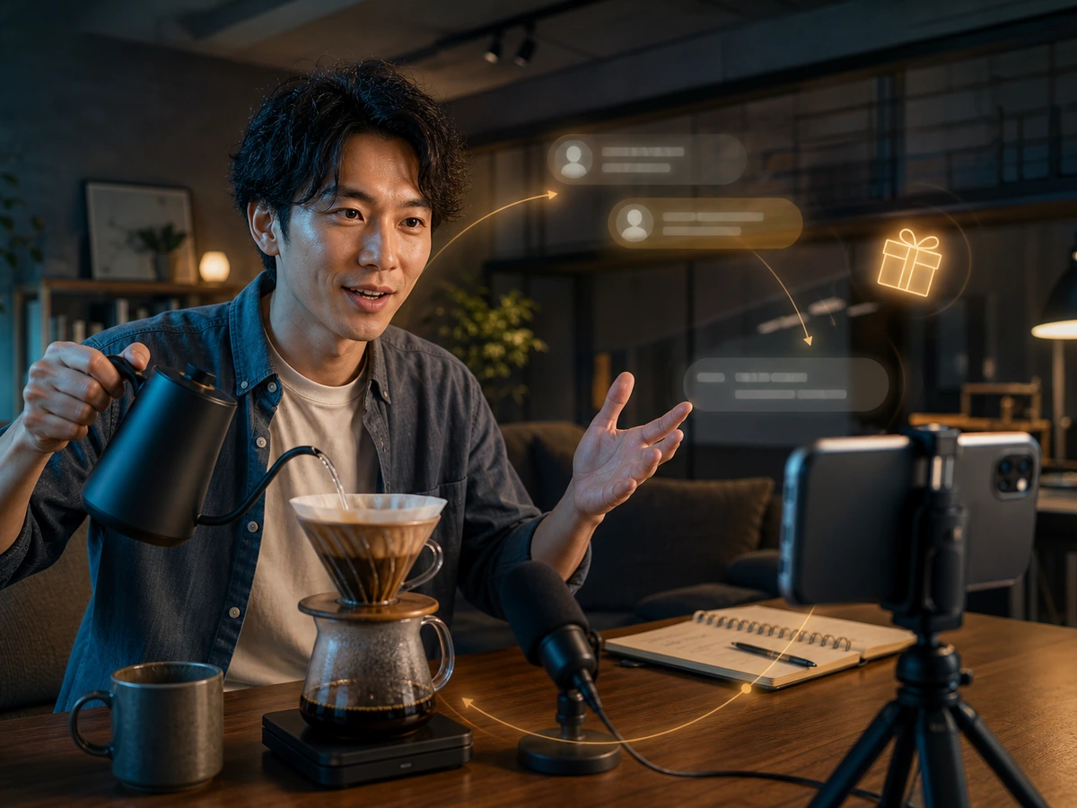 コーヒーを淹れながら固定したスマートフォンへ話す成人ライバー
