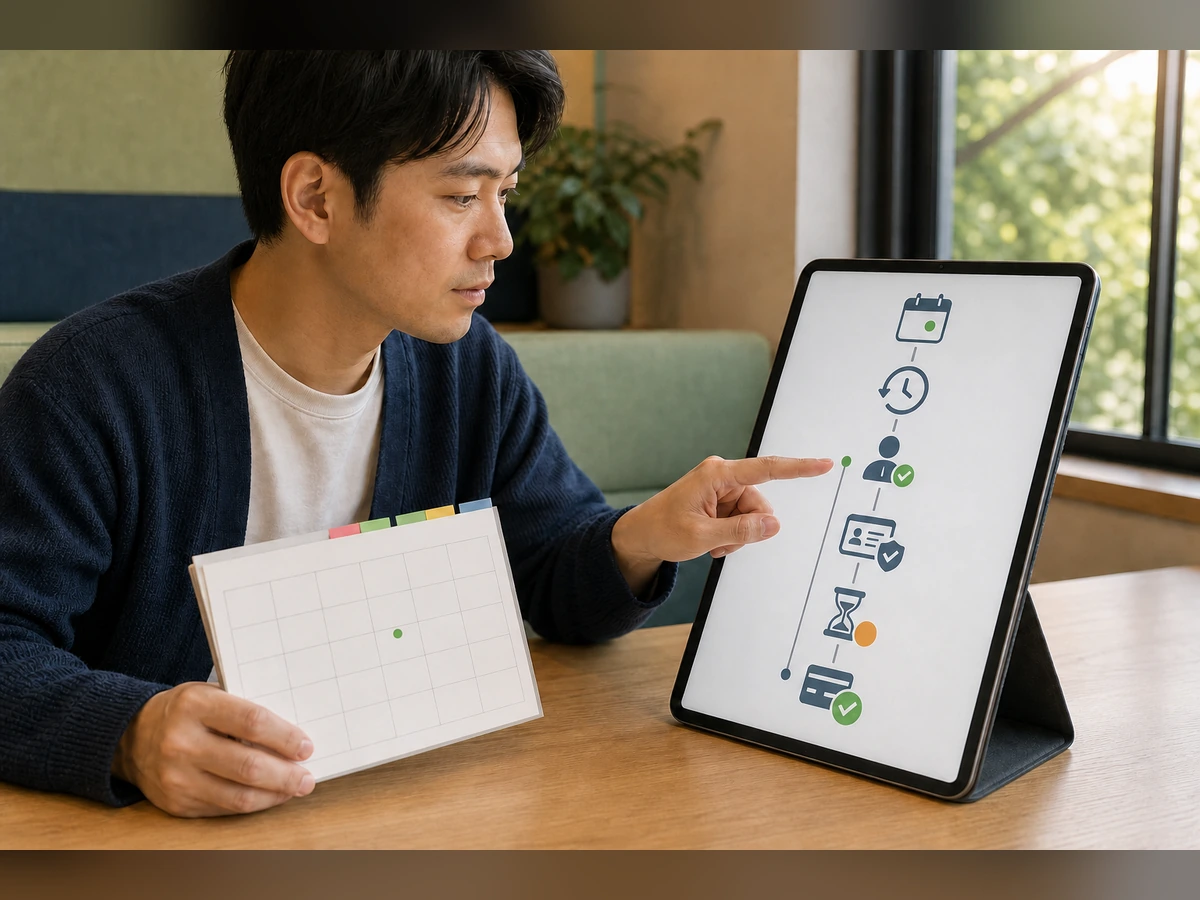 対象月、履歴、資格、本人確認、期限と手数料、受取状態の六項目を順に確かめる成人ライバー