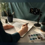 顔を映さず、イラスト制作の手元と固定端末だけを見せる成人ライバー