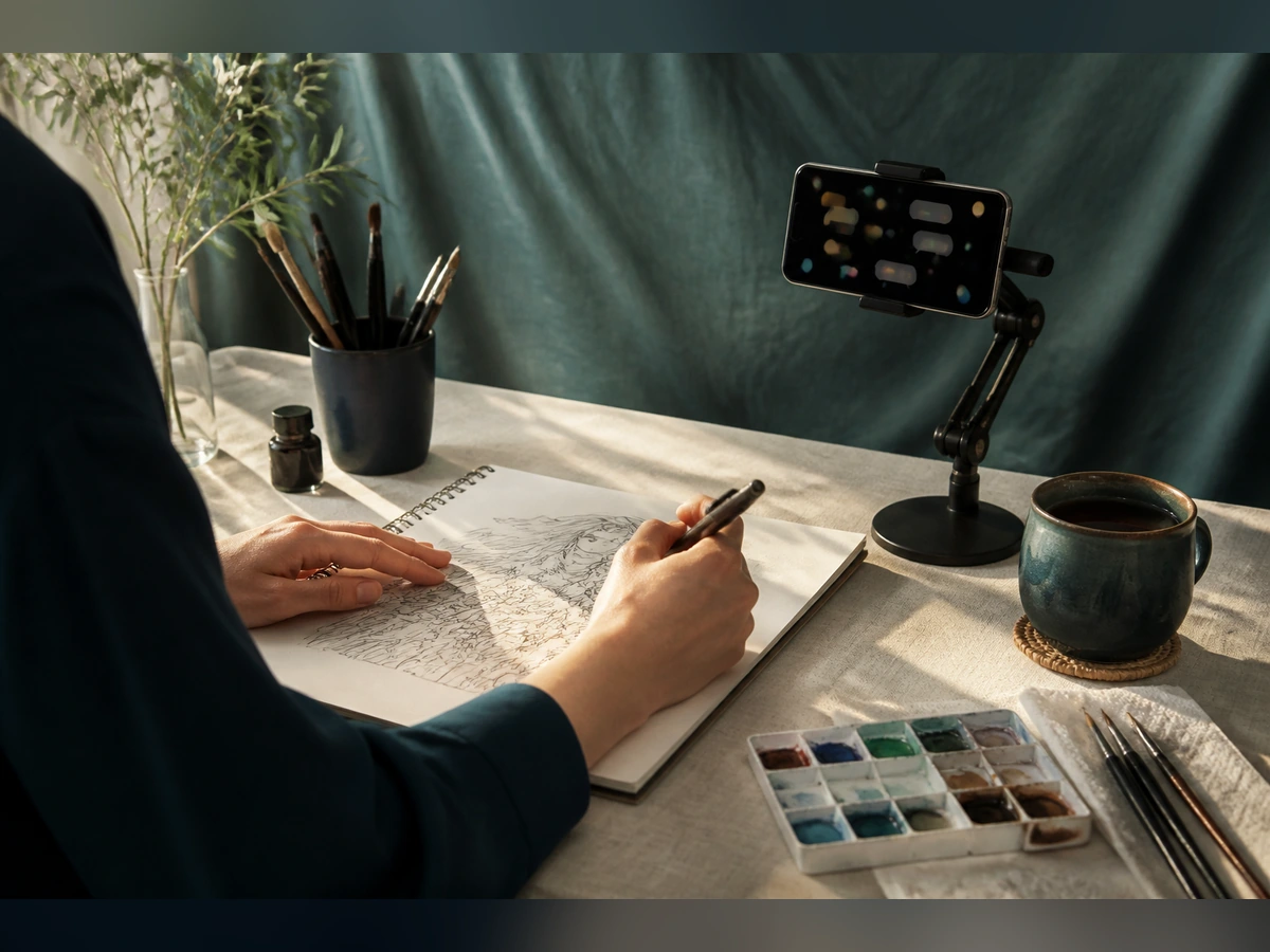 顔を映さず、イラスト制作の手元と固定端末だけを見せる成人ライバー