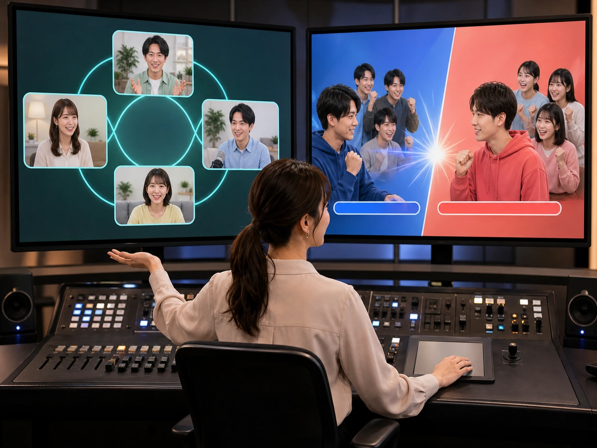 協力型のマルチゲスト接続と青赤二組で競うLIVE Matchを大型画面で比べる成人女性