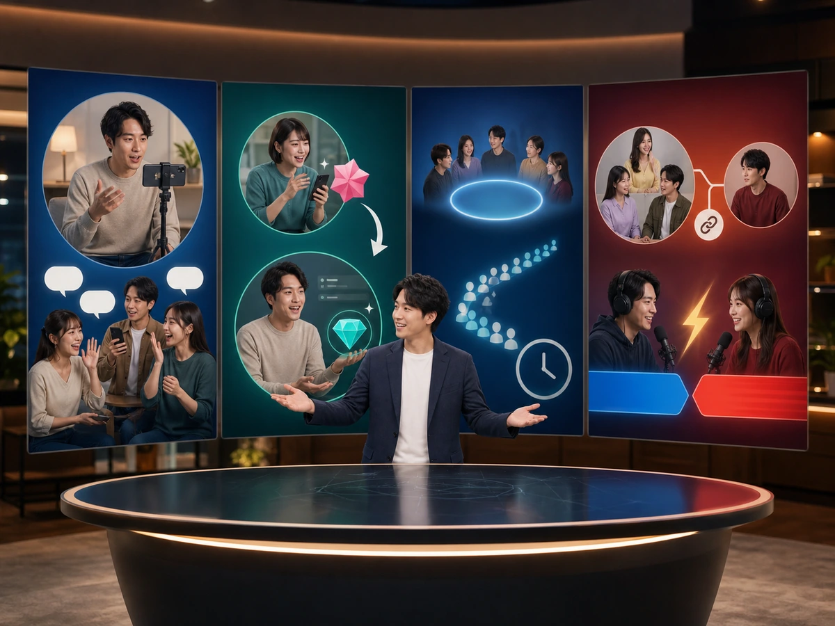 ライバーとリスナー、ギフトとダイヤモンド、視聴指標、共同配信を四つの大型画面で分ける成人男性