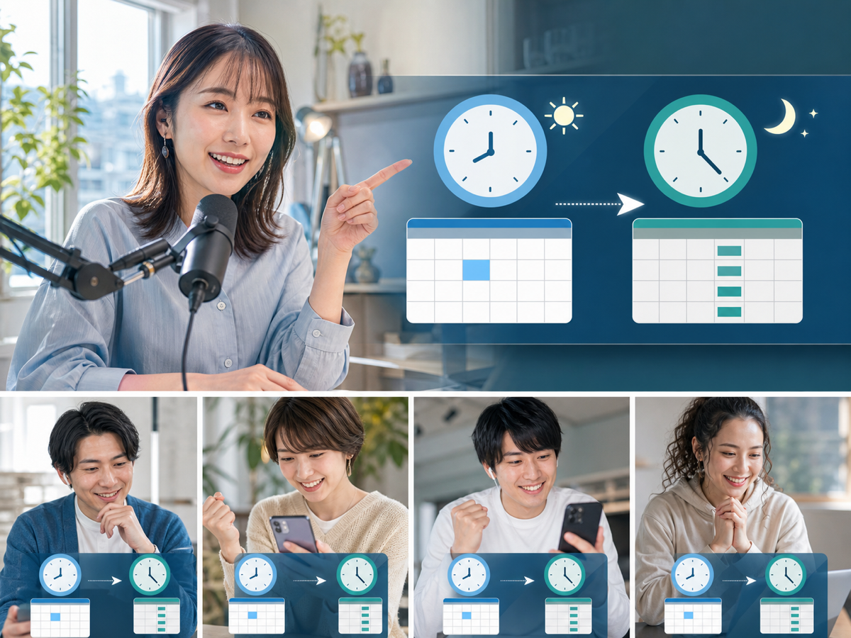 成人配信者が昼の臨時配信から夜の通常配信予定を複数の成人視聴者へ示す様子