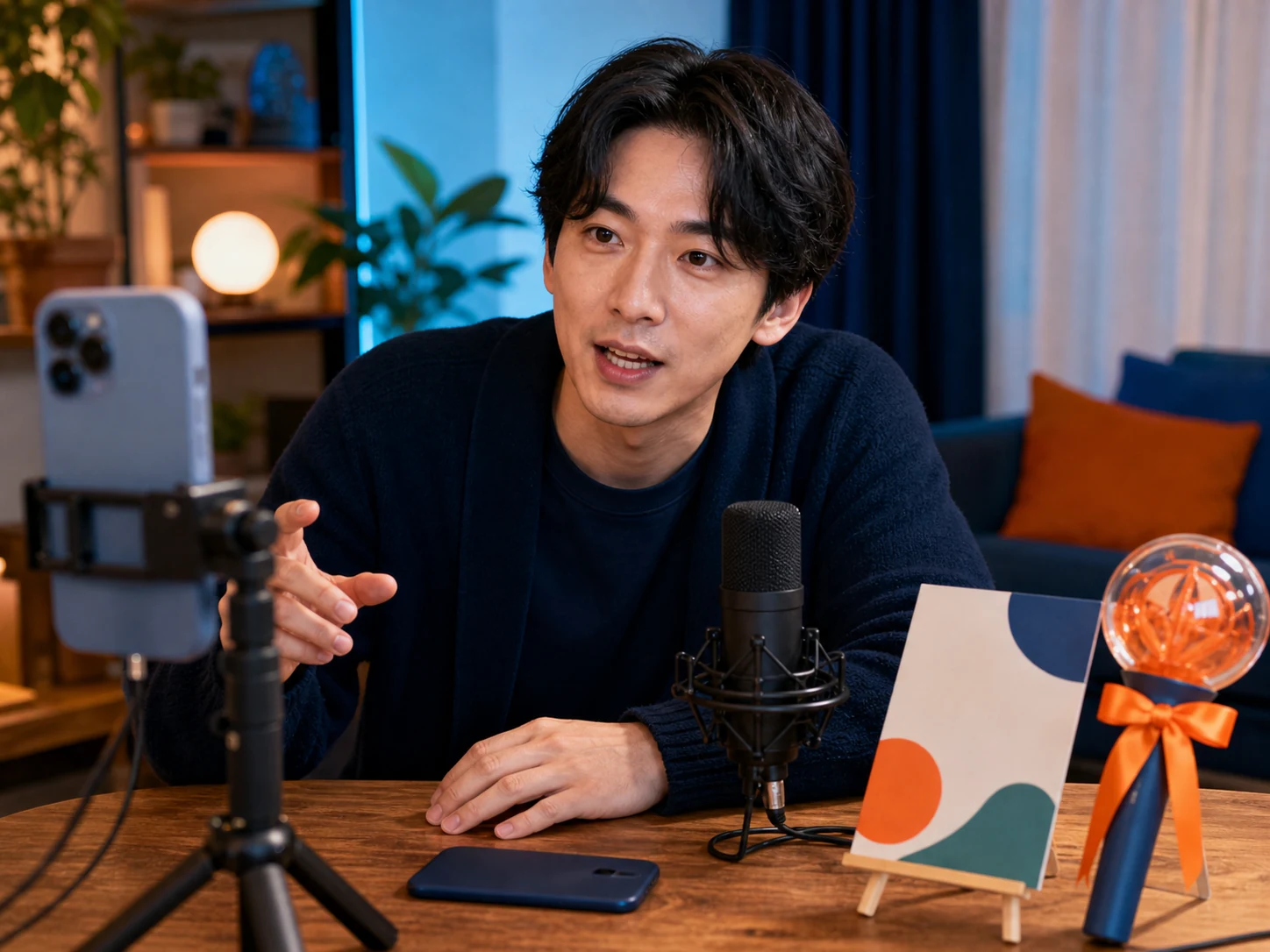 成人男性配信者が別のスマートフォンを伏せ、配信カメラへ向き直ってコメントへ返す様子