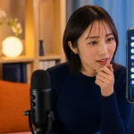 視聴者からの反応とギフト表示を見ながら話す女性配信者
