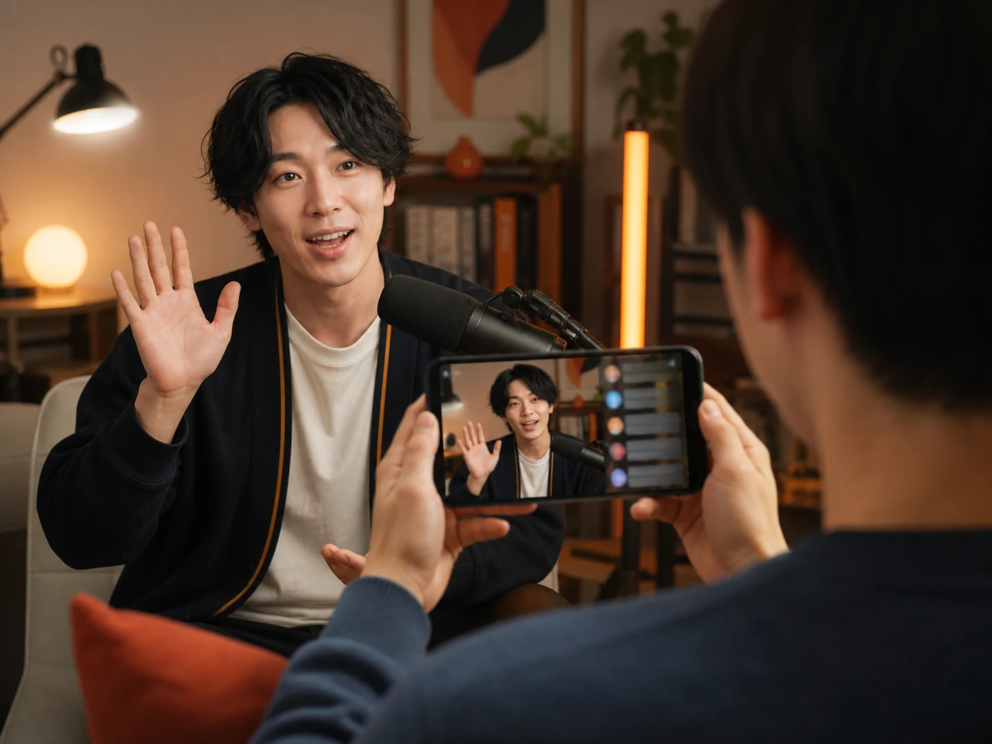 成人男性配信者が画面へ手を挙げ、入室した視聴者へ声をかける様子
