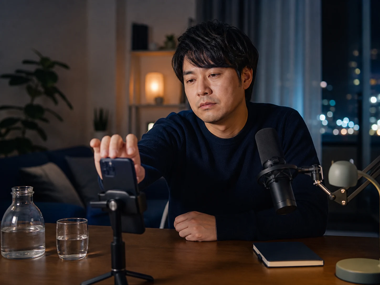 疲れた成人男性配信者が会話できなくなる前にスマートフォンの配信を終了する様子