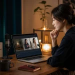 二つの配信画面を見比べて売上が止まる場面を探す女性配信者