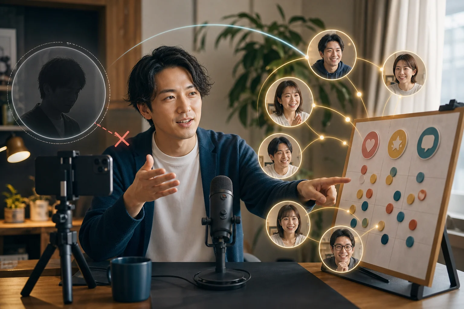 来なくなった一人を追わず、今いる視聴者との会話と企画ボードへ目を向ける成人男性配信者