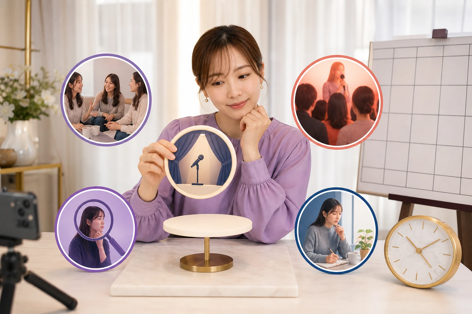 成人女性配信者が収益、フォロー、配信予定、参加意向を整理してイベント候補を選ぶ様子