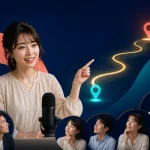 成人女性配信者が一つのイベントについて現在地から次の目標までを視聴者へ示す様子