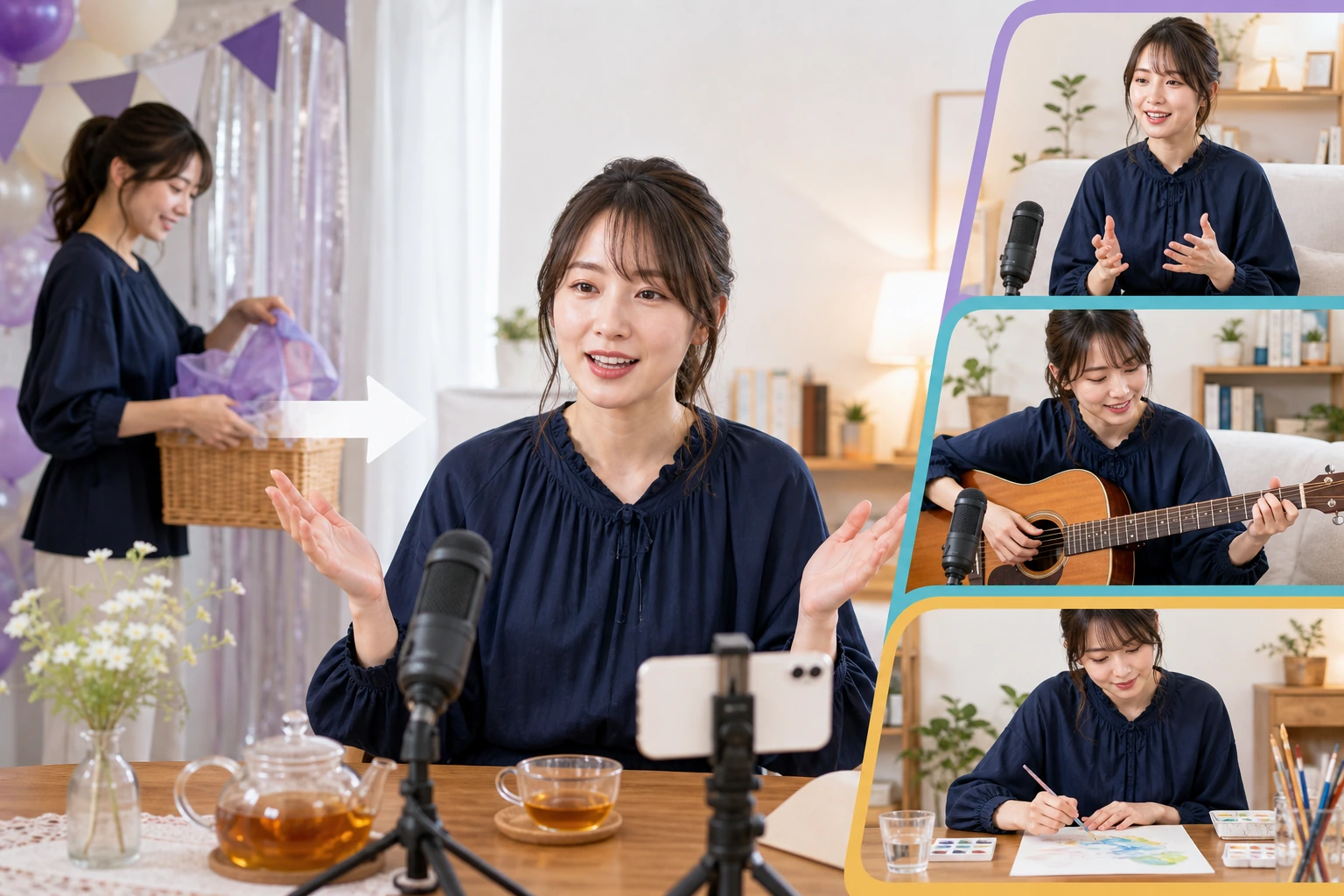 成人女性配信者がイベント装飾を片づけ、会話、弾き語り、絵の通常配信へ戻る様子