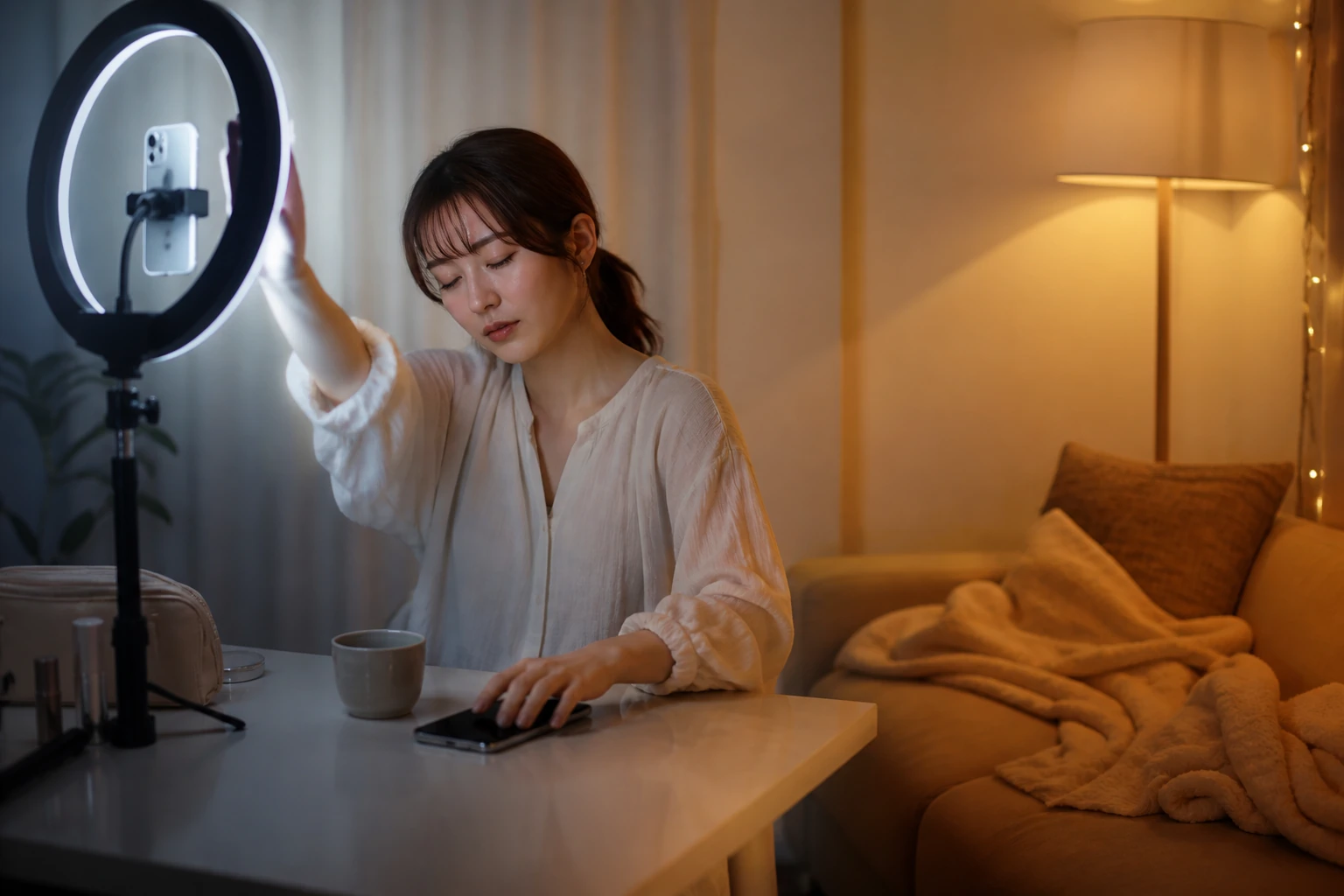 成人女性配信者がイベント後にスマートフォンを置いて休み、会話できる状態で配信へ戻る様子
