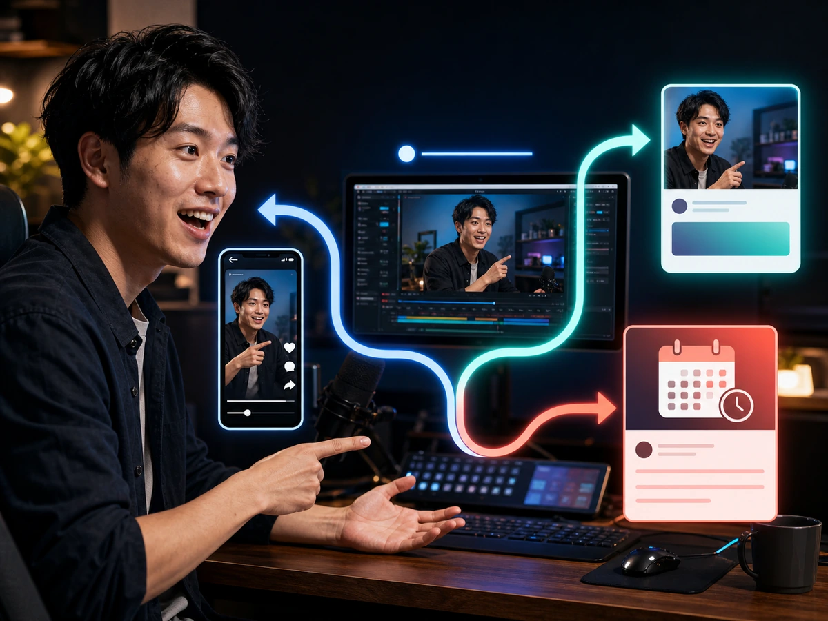 成人男性配信者が一回の配信から短い動画と画像と次回告知を作る様子