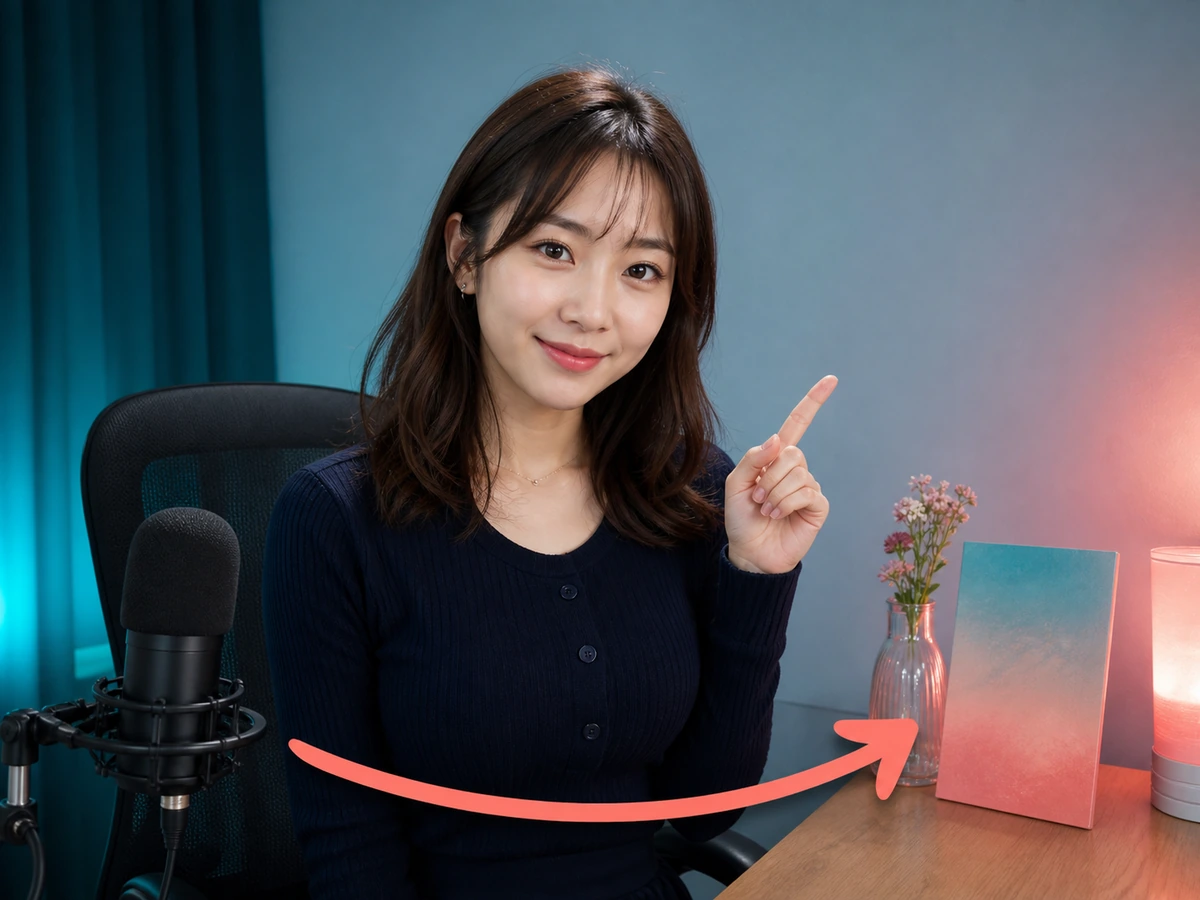 成人女性配信者がいつもの配信へテーマカードと花と照明の変化を一つ加える様子