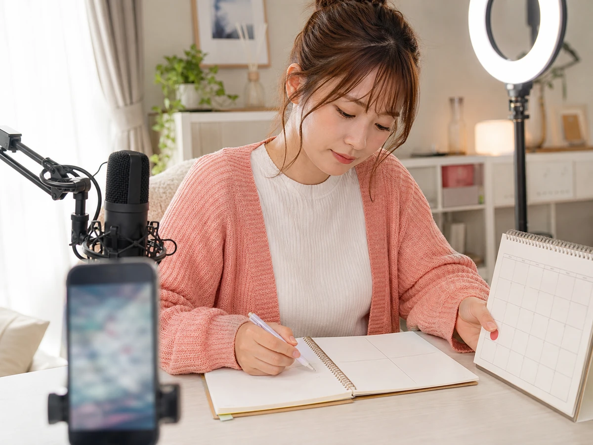 イベントの事実を四つに分けて書き、次の配信予定を決める成人女性配信者