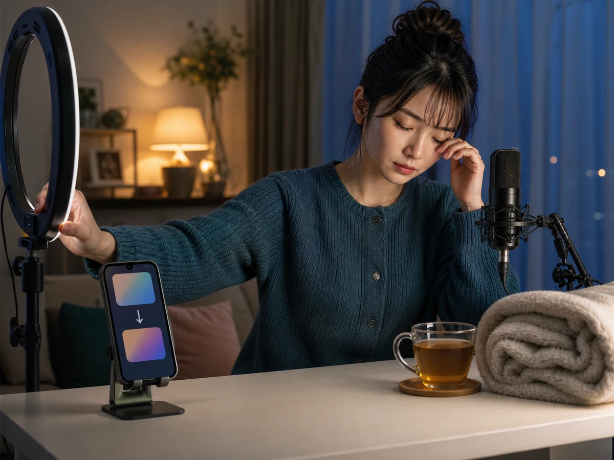 眠気で会話を続けられず、配信予定を変更してリングライトを消す成人女性配信者
