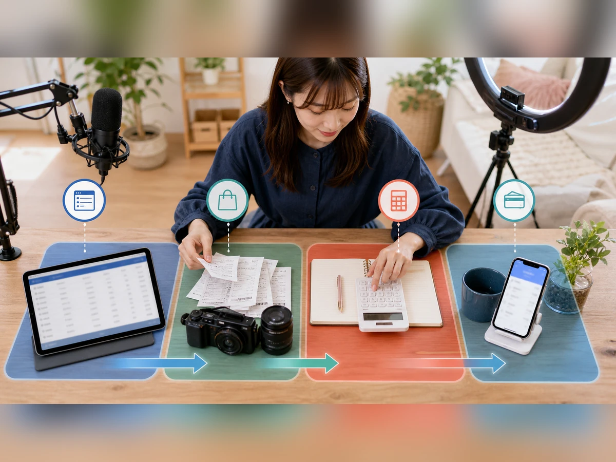 配信の支払記録、経費資料、計算結果、銀行入金を分けて整理する成人女性ライバー