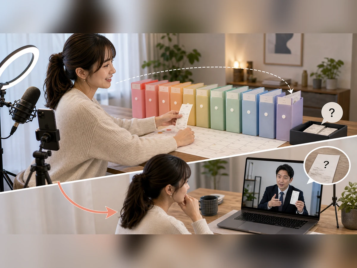 配信報酬と領収書を月ごとに整理し、不明点を専門家へ相談する成人女性ライバー