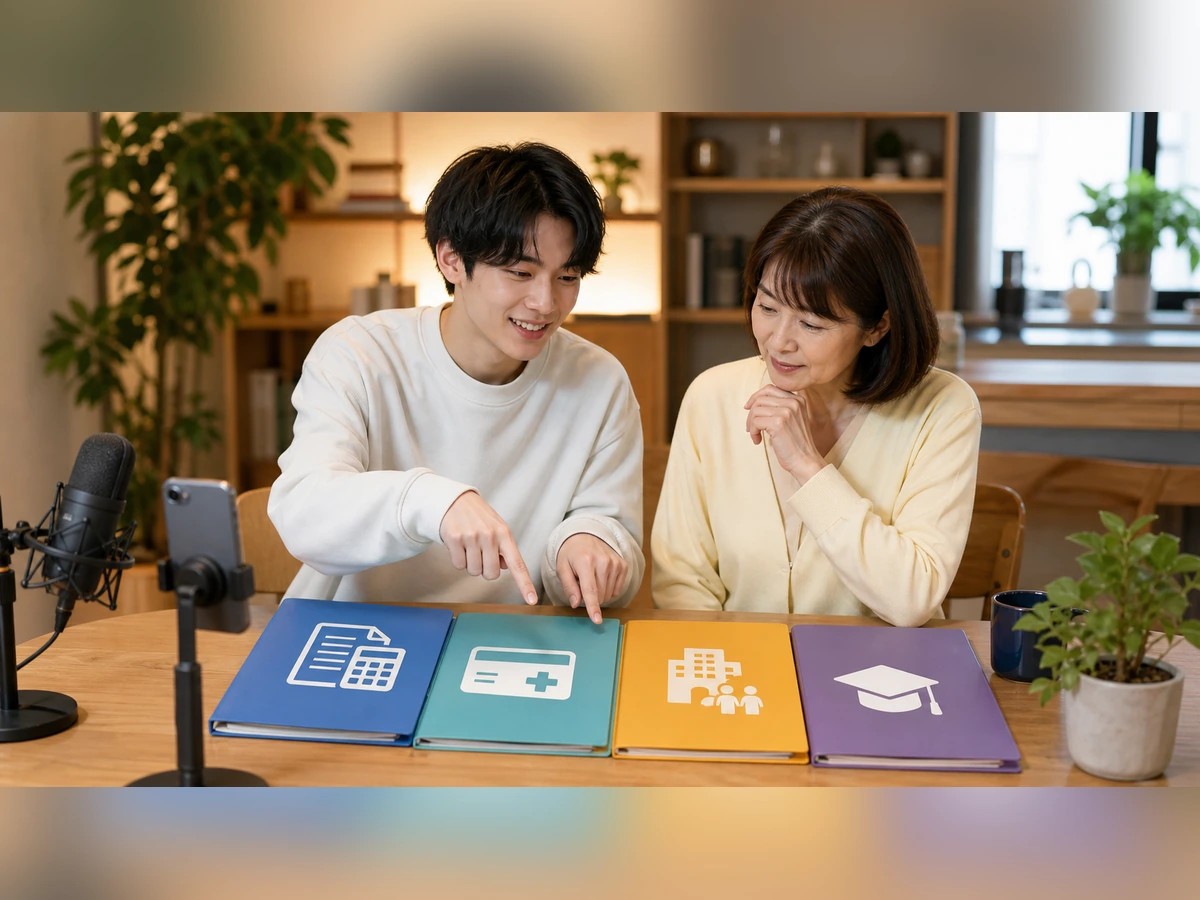 成人の大学生と保護者が税、健康保険、家族手当、修学支援の書類を分ける場面
