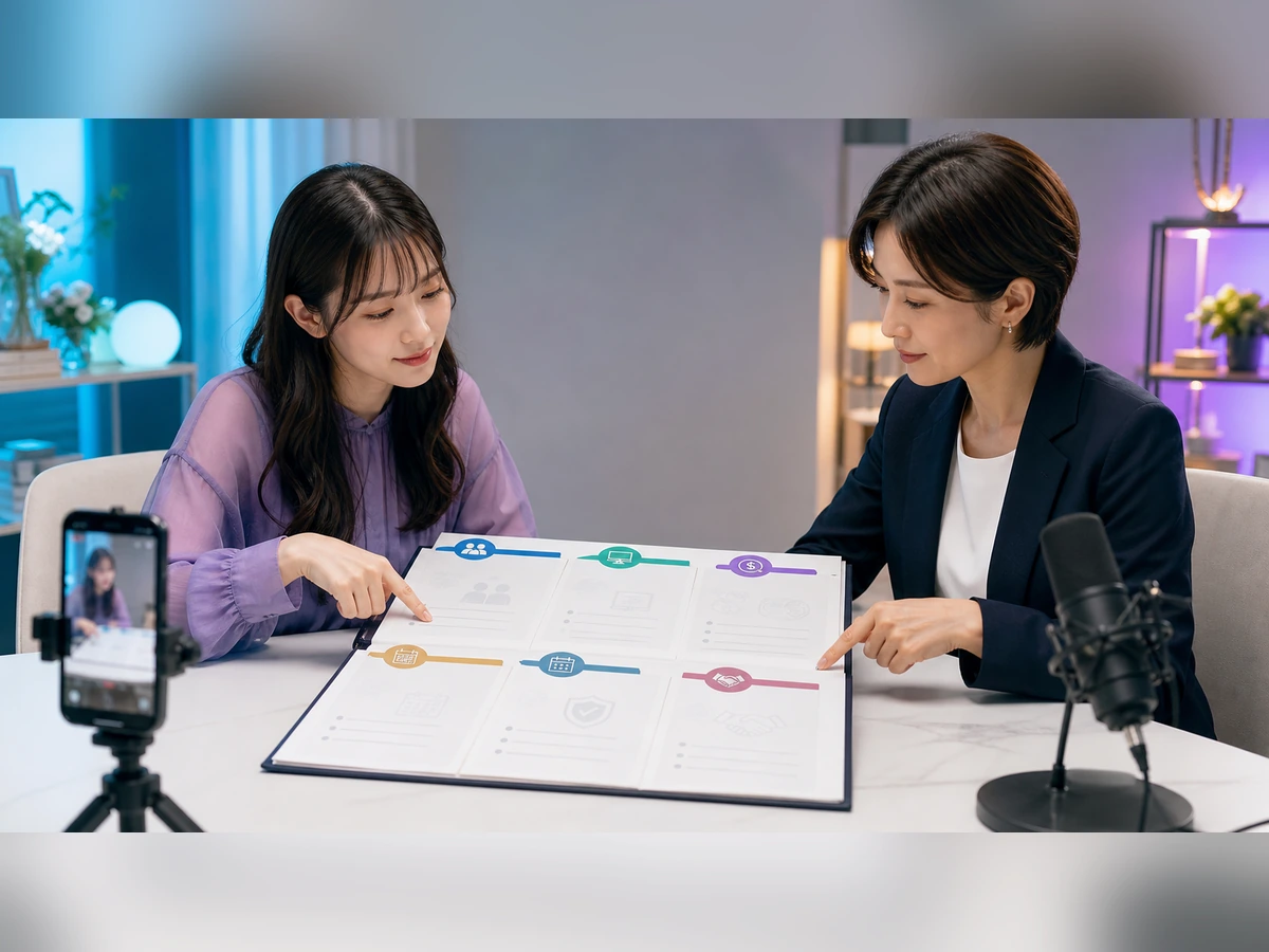 成人女性ライバーと担当者が契約相手、仕事、報酬、期間、権利、終了条件を確認する場面
