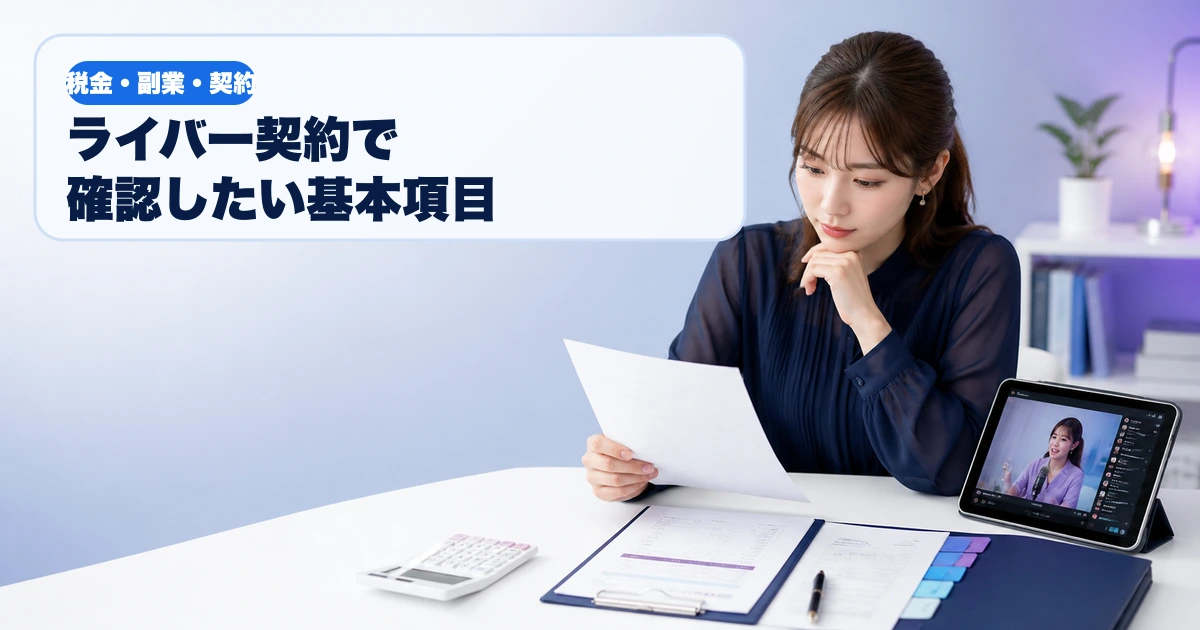 配信機材のそばで署名前の契約書を読む成人女性ライバー