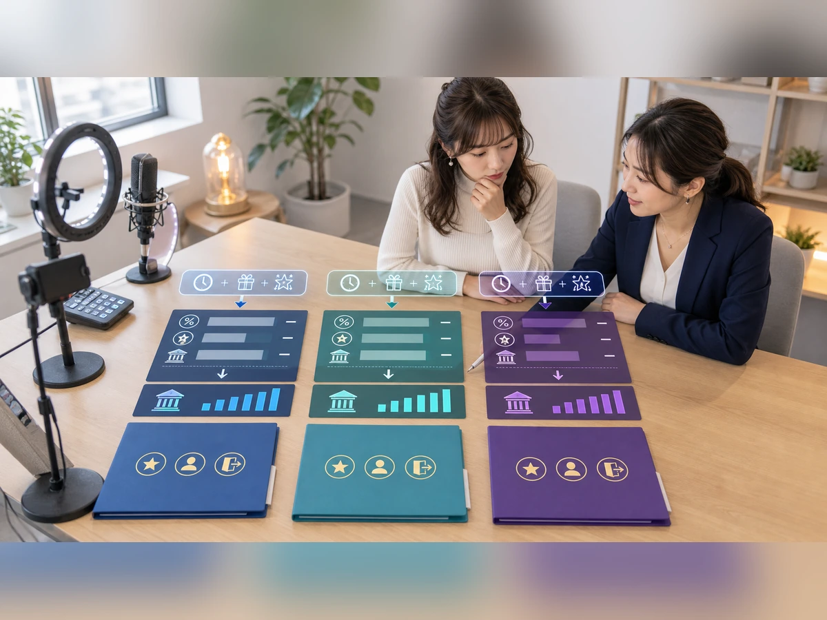 成人女性ライバーと相談員が同じ配信条件で三社の振込見込額と契約条件を比較する場面
