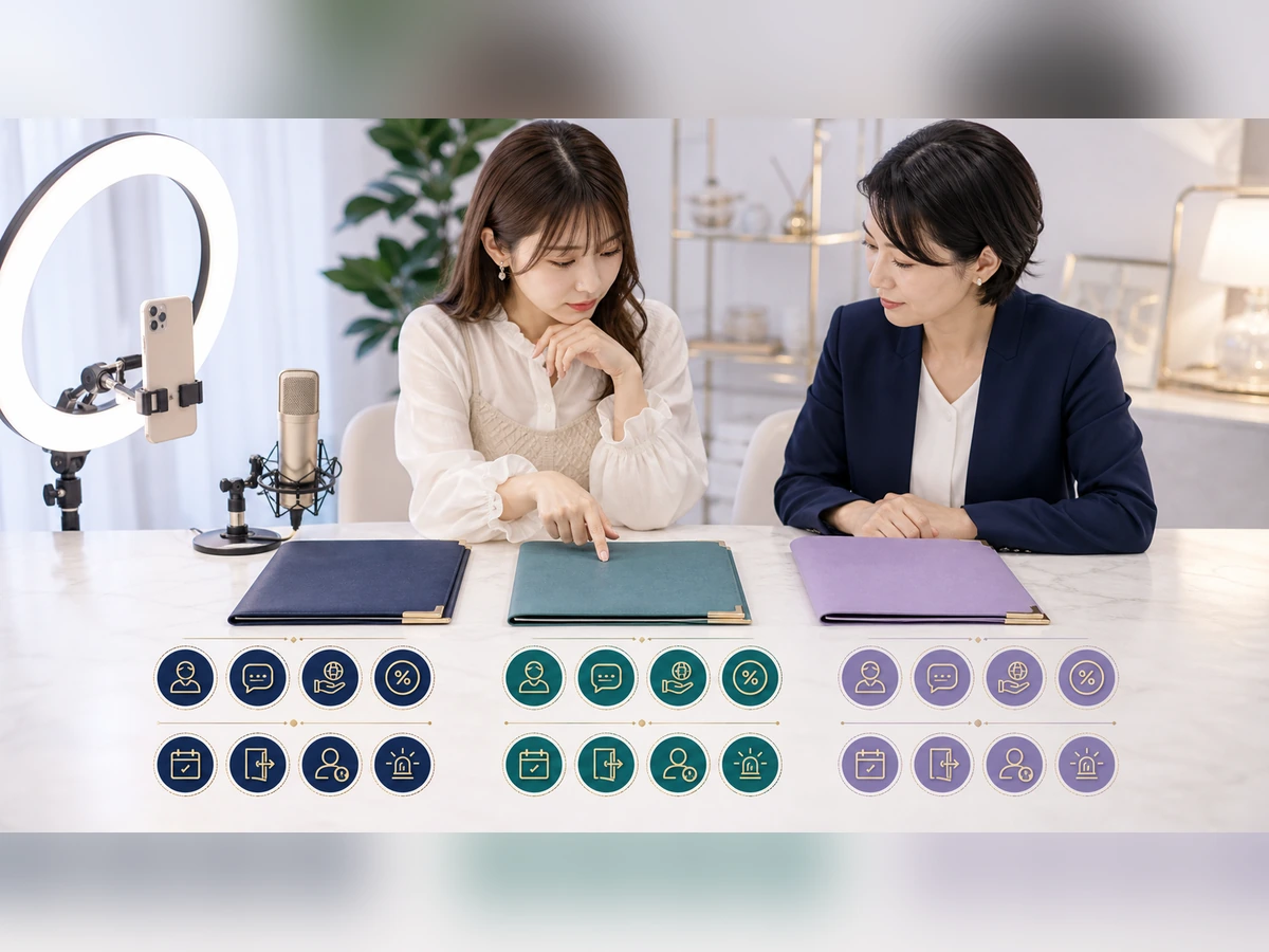 成人女性ライバーと相談員が三つの事務所を六つの条件で比較する場面