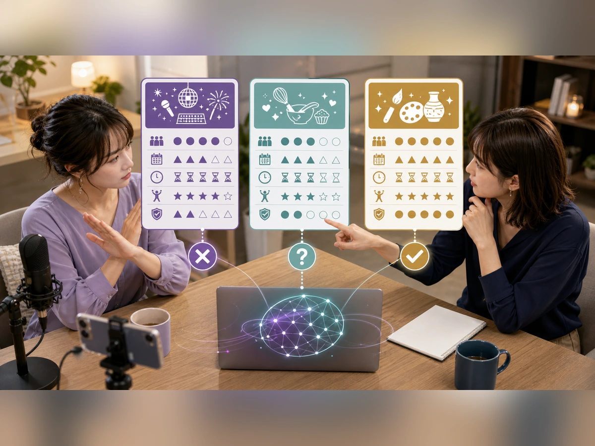 成人女性ライバーと担当者が三つの生成AI企画案を同じ評価項目で比較する場面