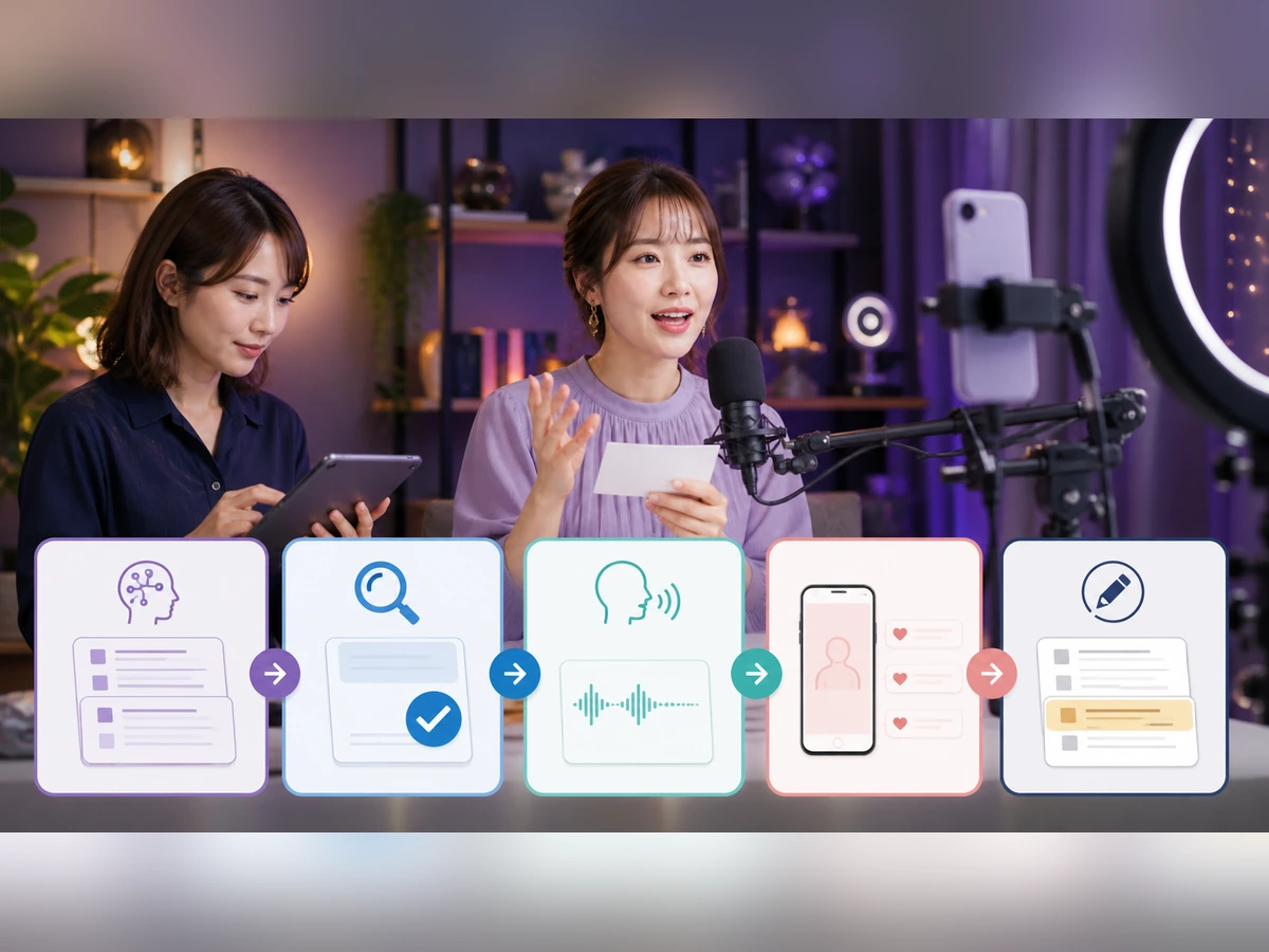成人女性ライバーが台本の事実確認、声出し、短い配信、修正を担当者と進める場面