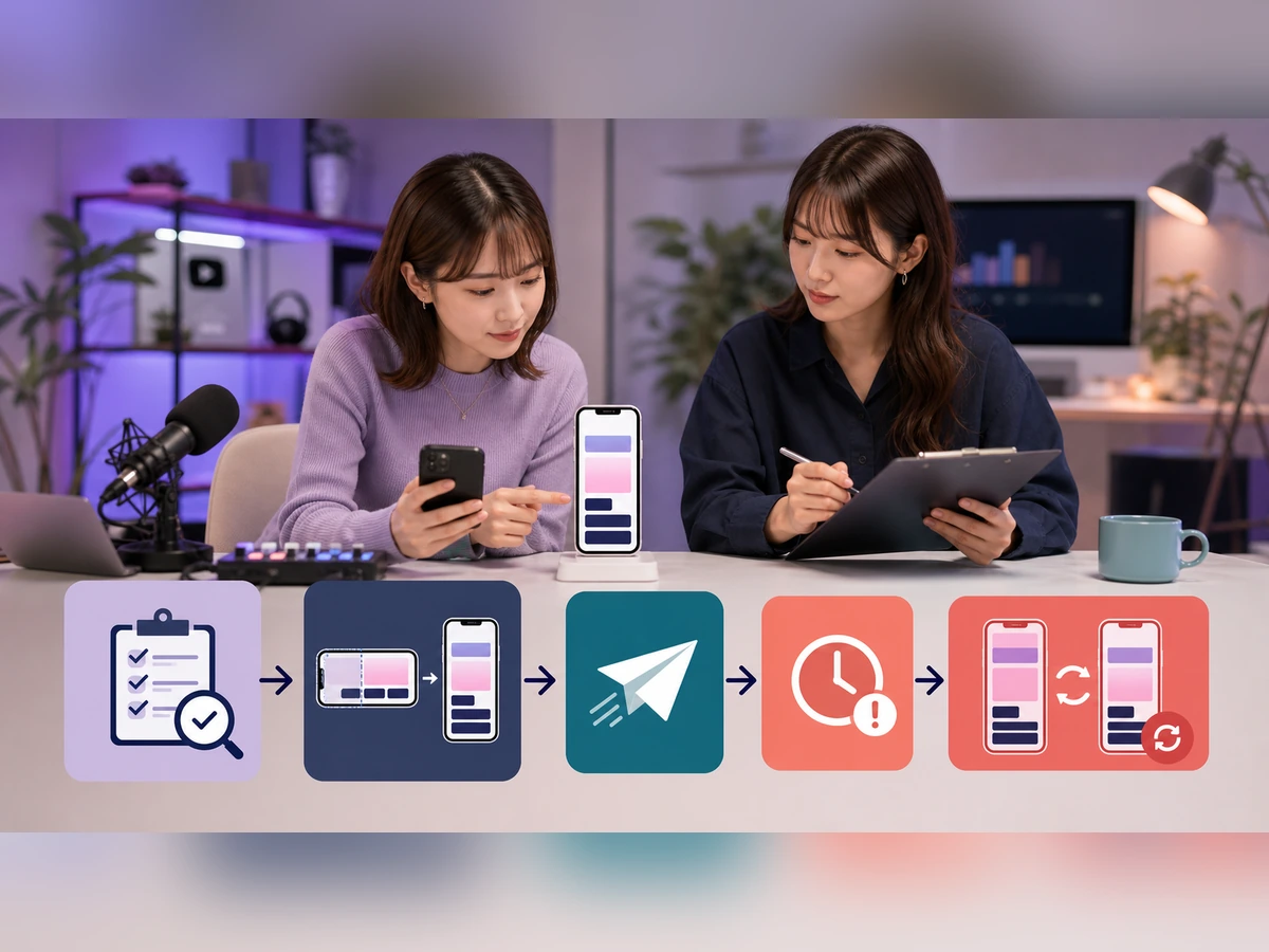 成人女性ライバーと担当者が告知のスマホ表示を確認し、配信時刻変更後に元投稿と追加案内を更新する場面