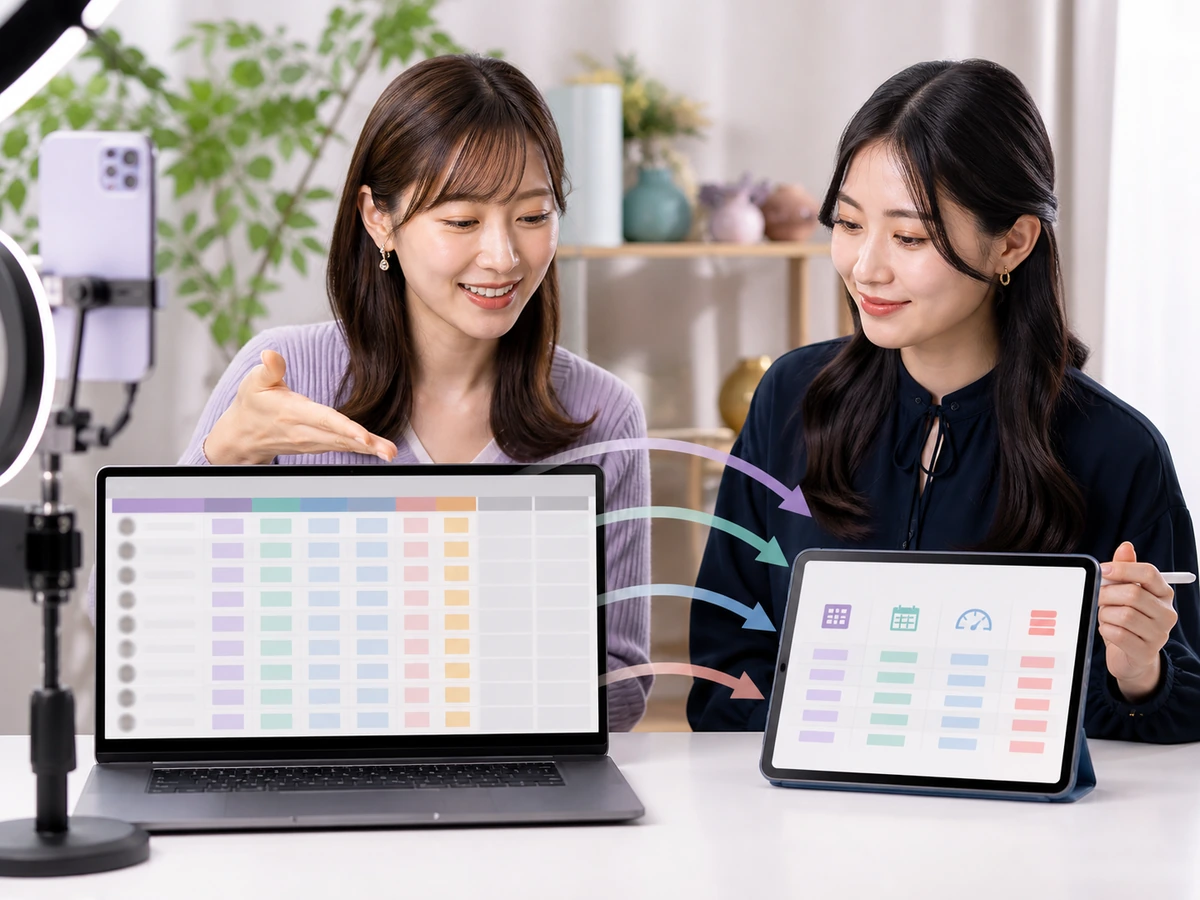 成人女性ライバーが元の配信表から必要な期間と項目だけを作業用の表へ移す場面