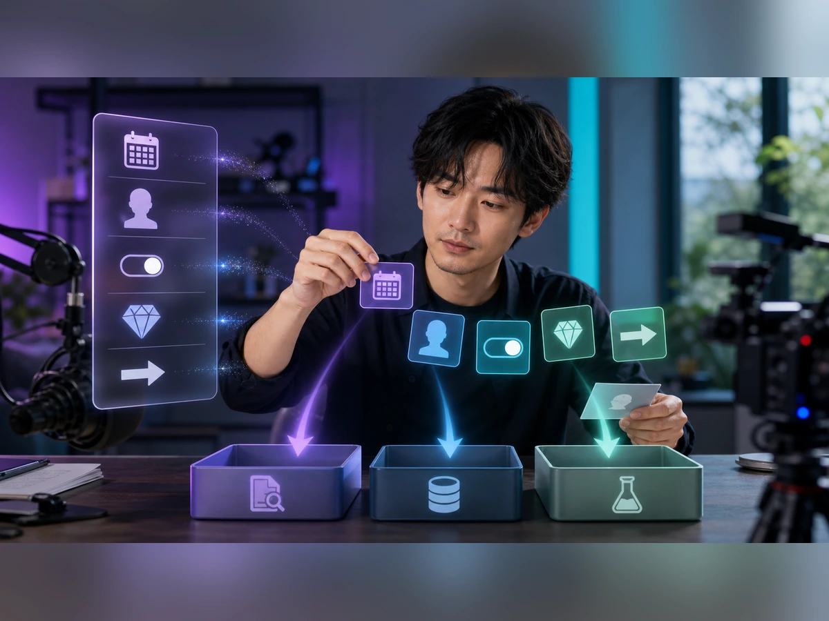 成人男性ライバーが生成AIの回答を日付、人物条件、機能、報酬、原因の主張へ分ける場面