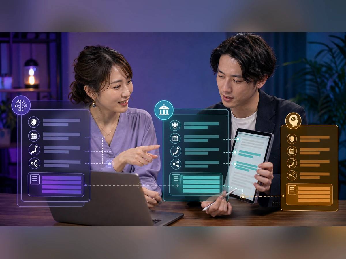 成人ライバーと男性担当者が公式情報の提供元、日付、日本向け条件、該当箇所を照合する場面