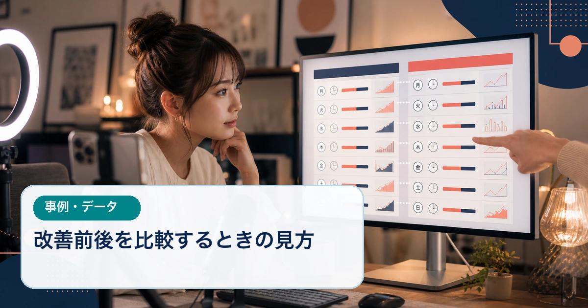 配信者が同じ曜日・時間帯・配信時間の前後データを担当者と比較する場面