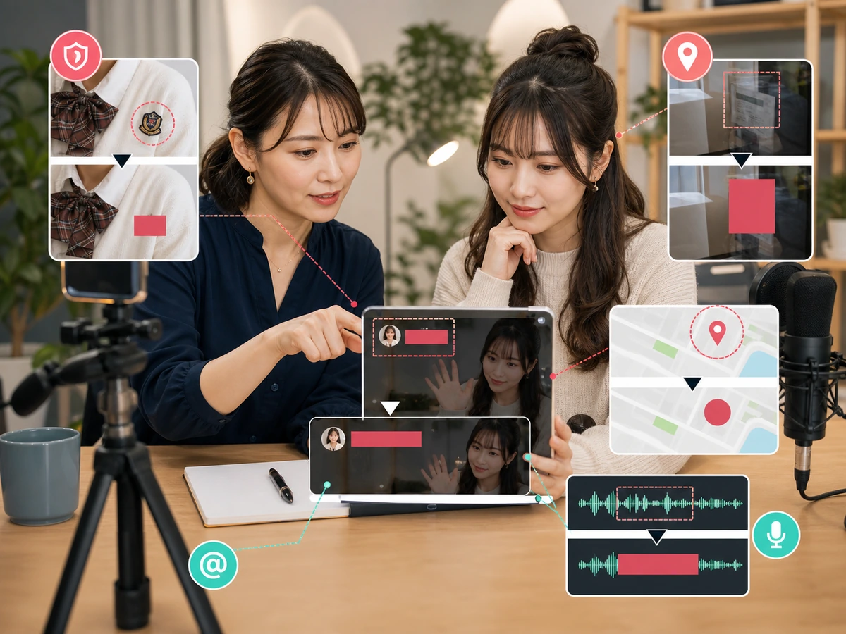 配信者と編集者が制服の印、配送ラベル、位置情報、SNSのID、音声の自宅情報を公開用事例から外している